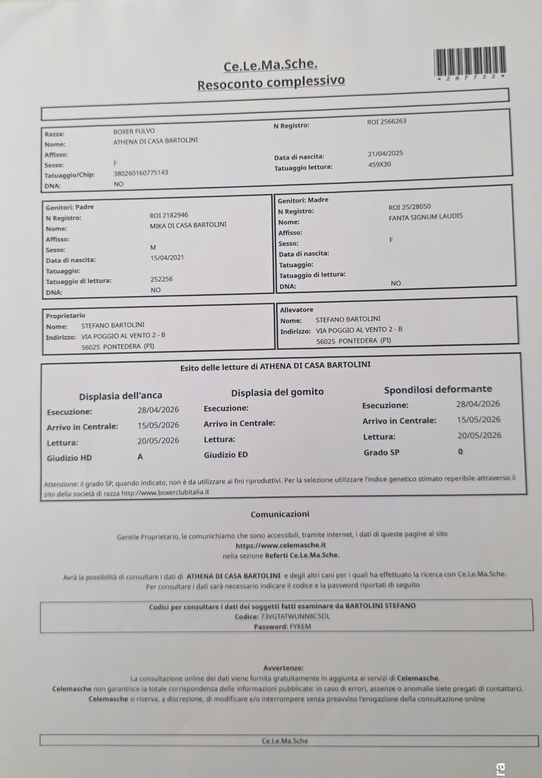 Athena di Casa Bartolini — documenti