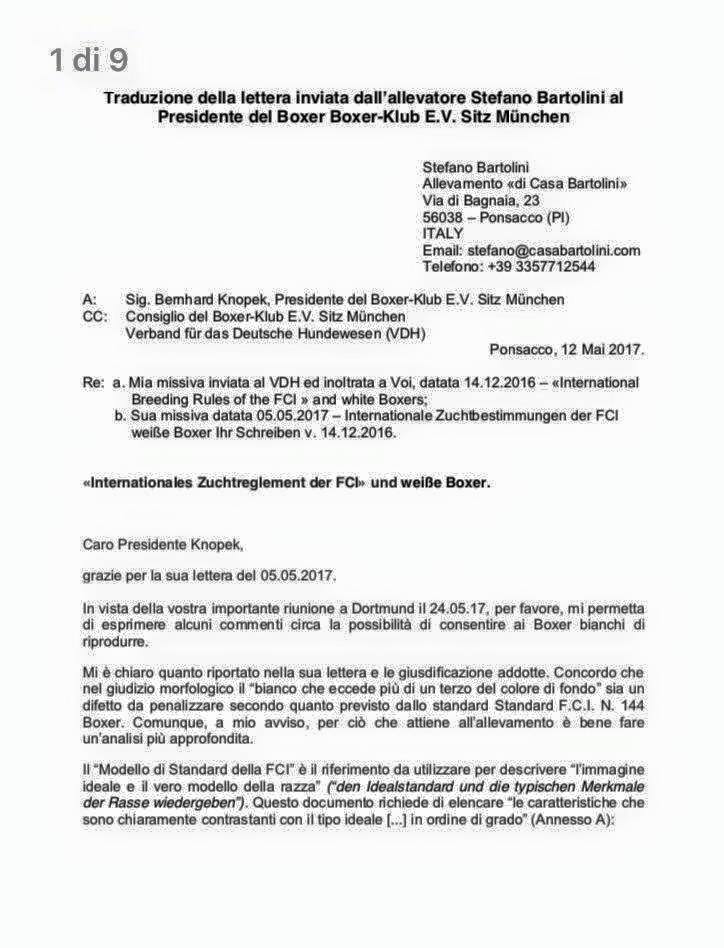 Lettera al Presidente del Boxer-Klub E.V. Sitz München